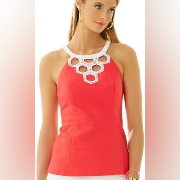Lilly Pulitzer Annabelle Top Island Coral Red Honeycomb Lace Neckline size 10 - Picture 1 of 13